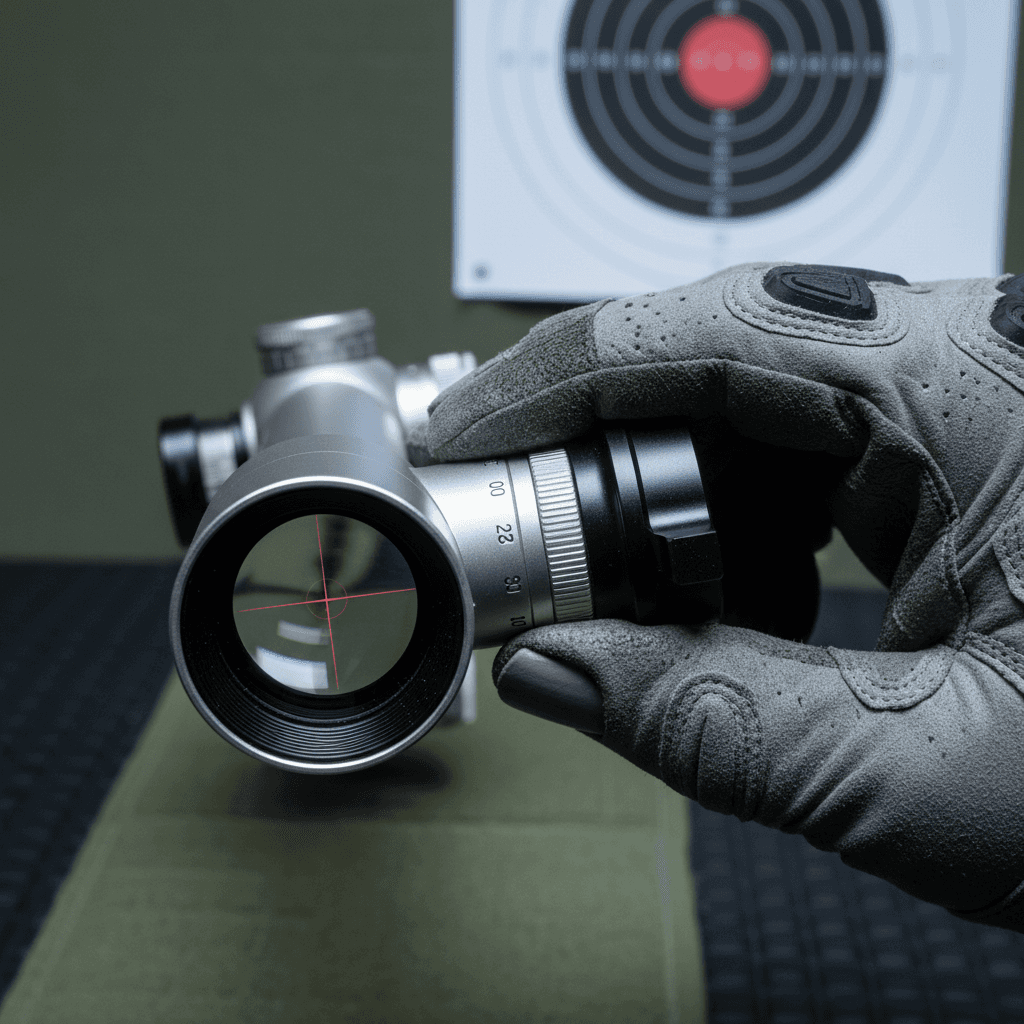 Riflescope mounted on a hunting rifle resting on a shop counter