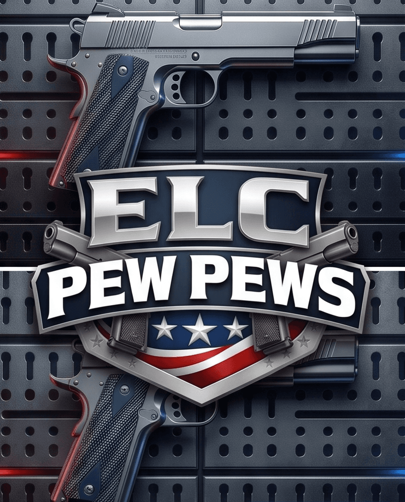 ELC PEW PEWS logo with crossed handguns and American flag shield over a gun rack.